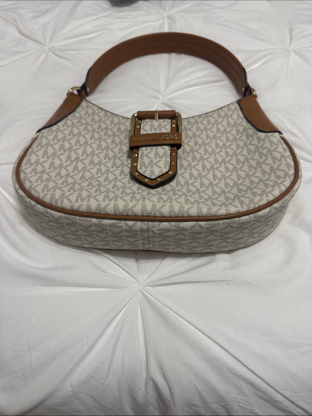 Michael Kors Cream & Brown Signature Crescent Shoulder Bag and crossbody strap